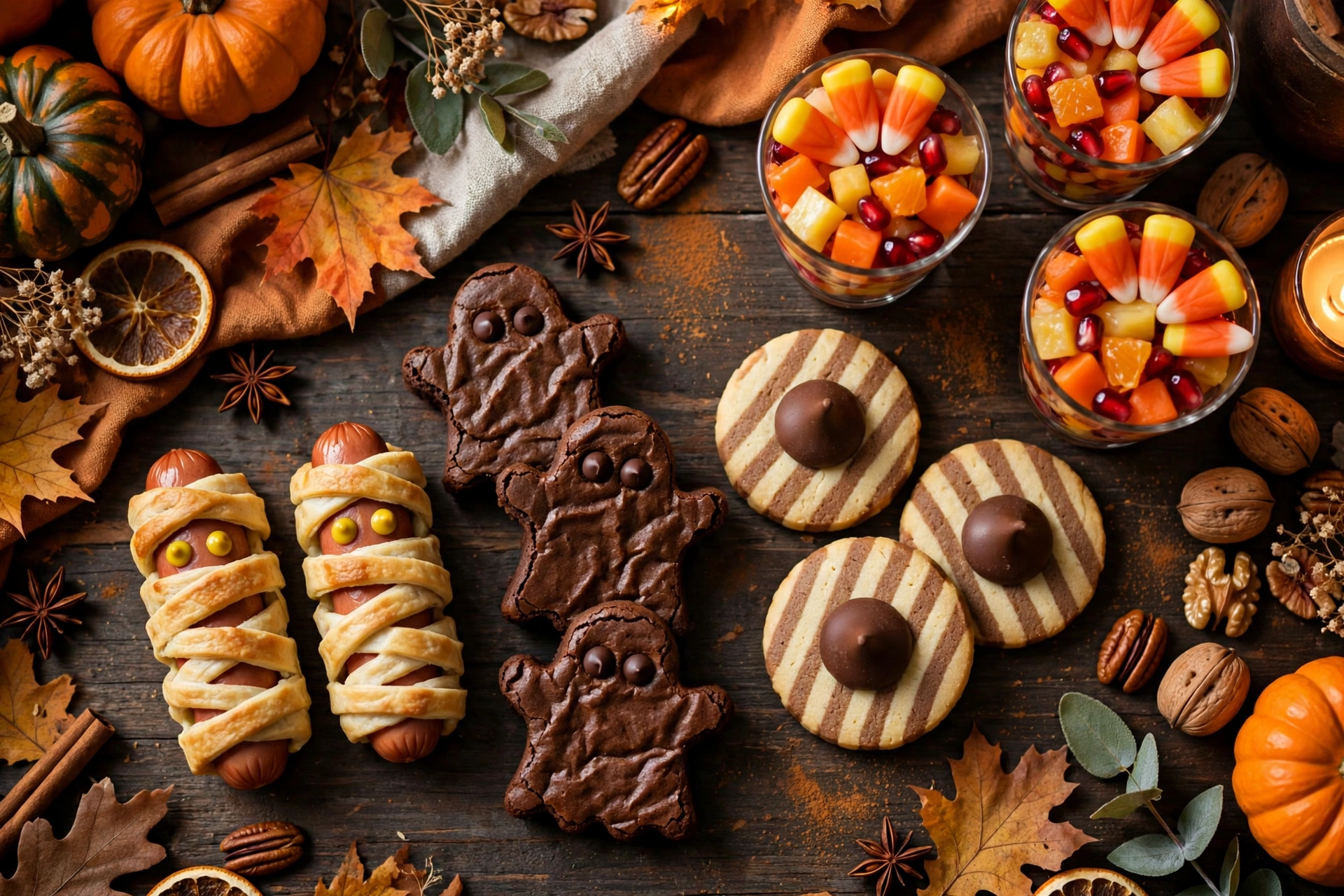 Halloween party snacks including mummy hot dogs, ghost brownies, witch hat cookies and candy corn fruit cups