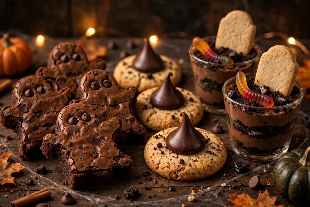 Halloween dessert spread with ghost brownies, witch hat cookies and graveyard dirt cups