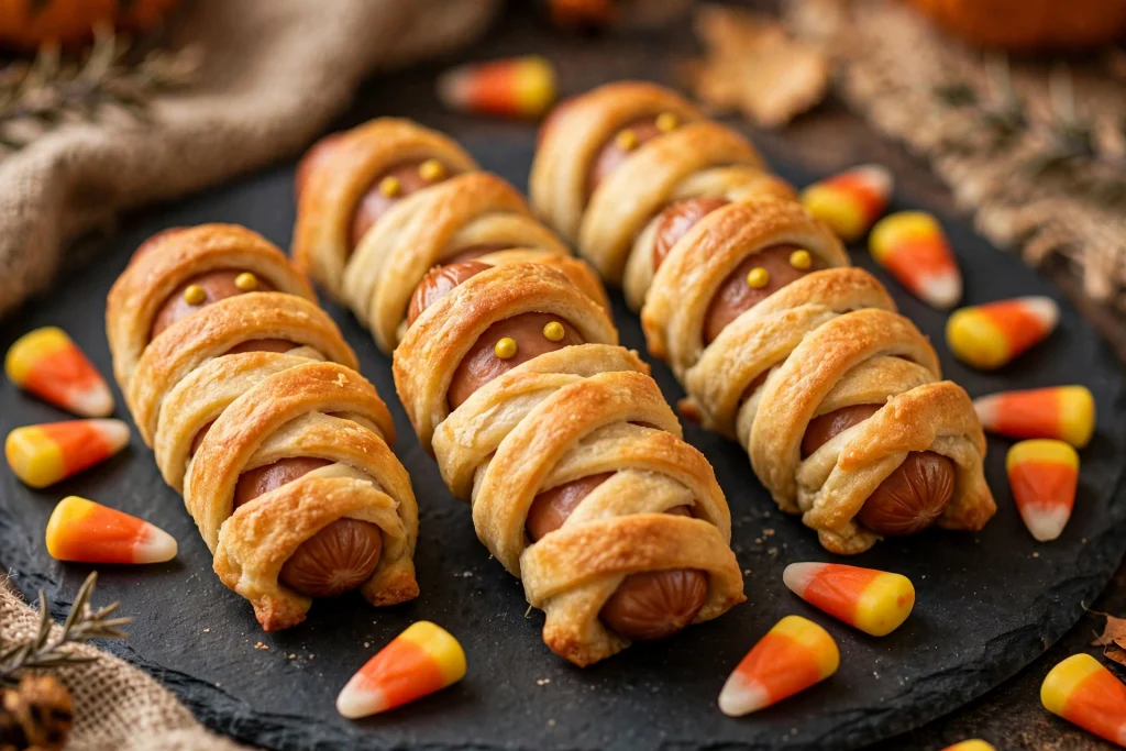 Mummy hot dogs wrapped in crescent dough with mustard eyes