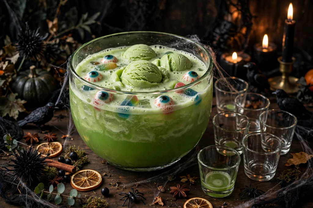 Witches brew green Halloween punch with gummy eyeballs