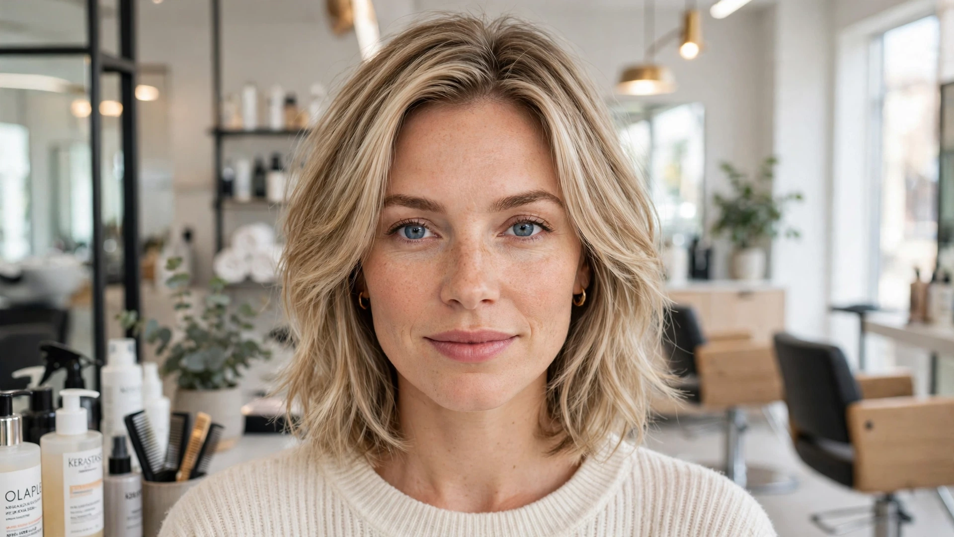 Woman with light modern medium layered hair