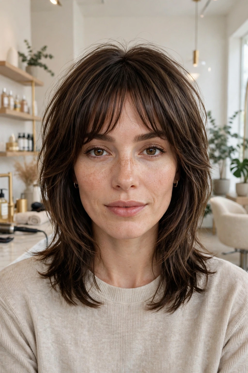 Layered midi hair with bangs