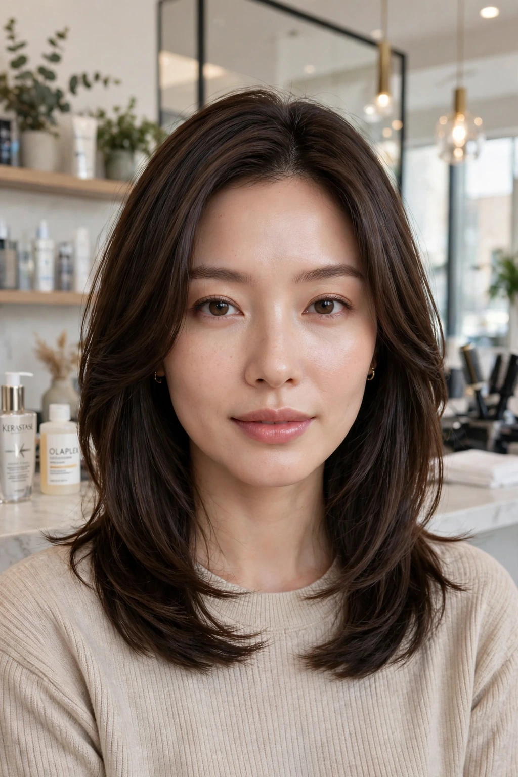Glossy midi layers hairstyle