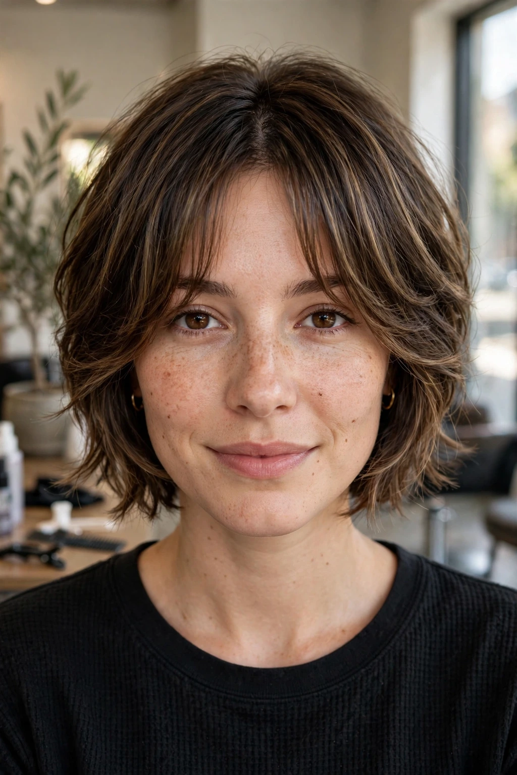 Short haircut with curtain bangs layers