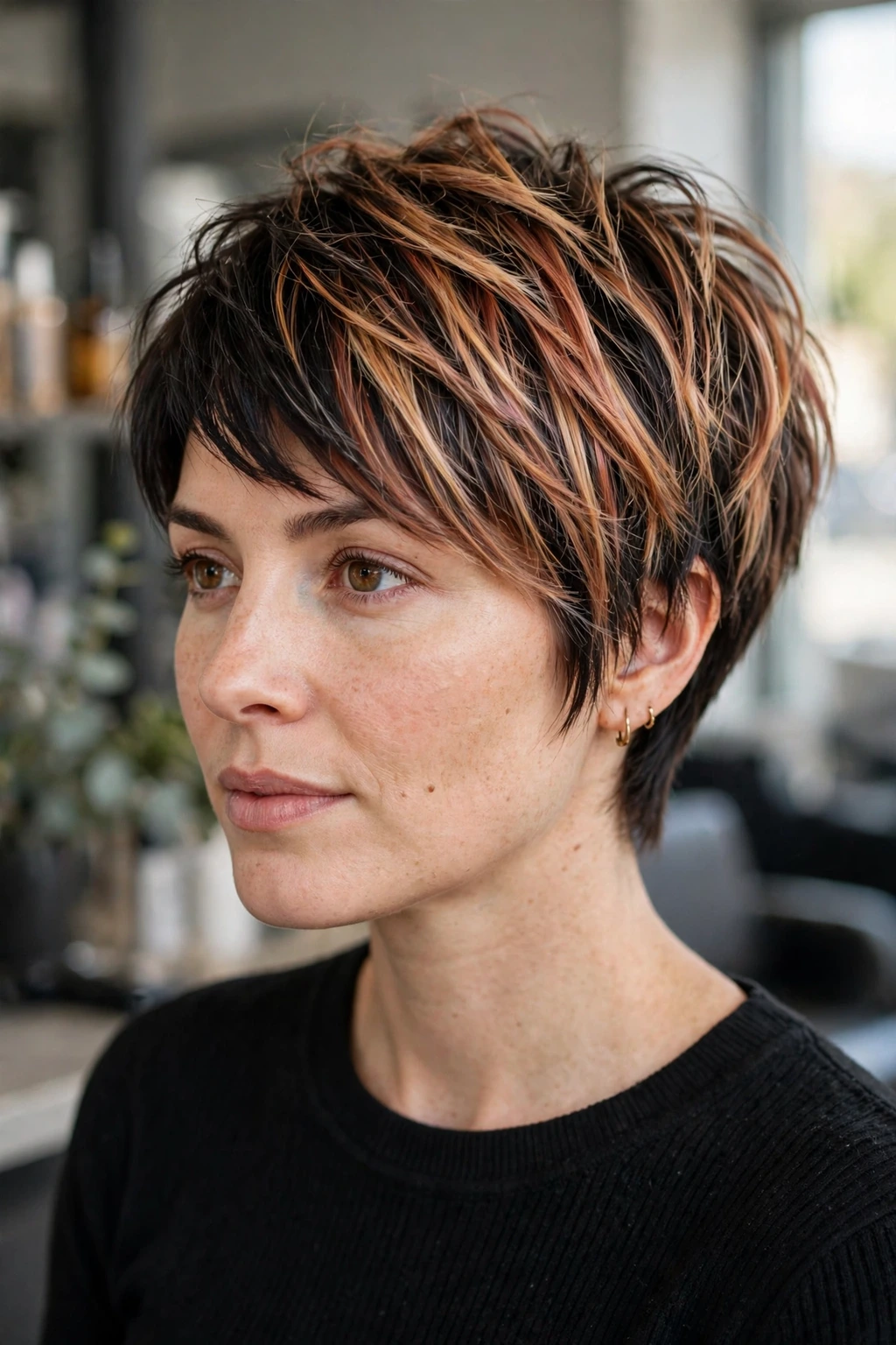 Short layered haircut with dimensional color