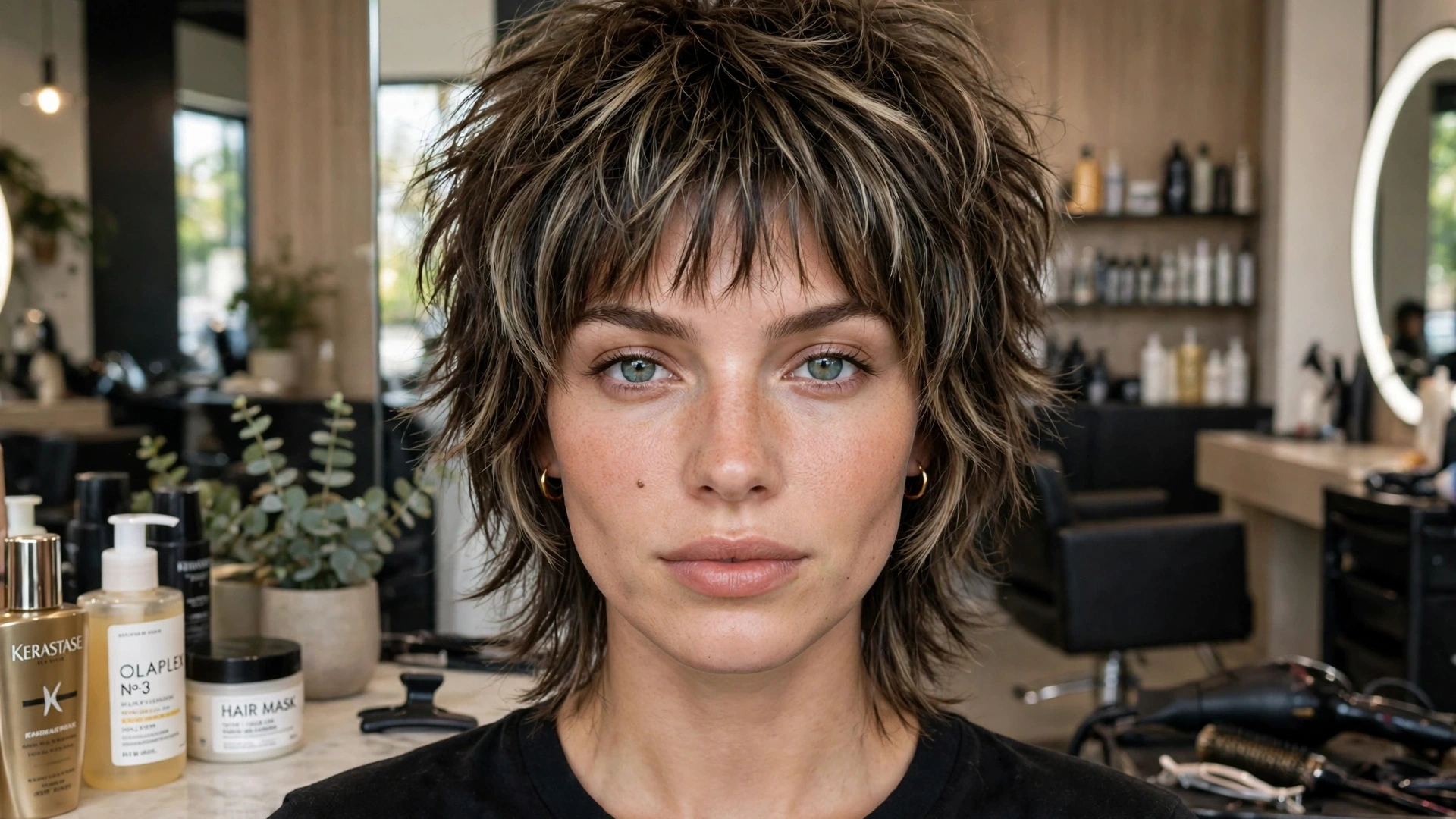 Woman with bold wolf cut hairstyle